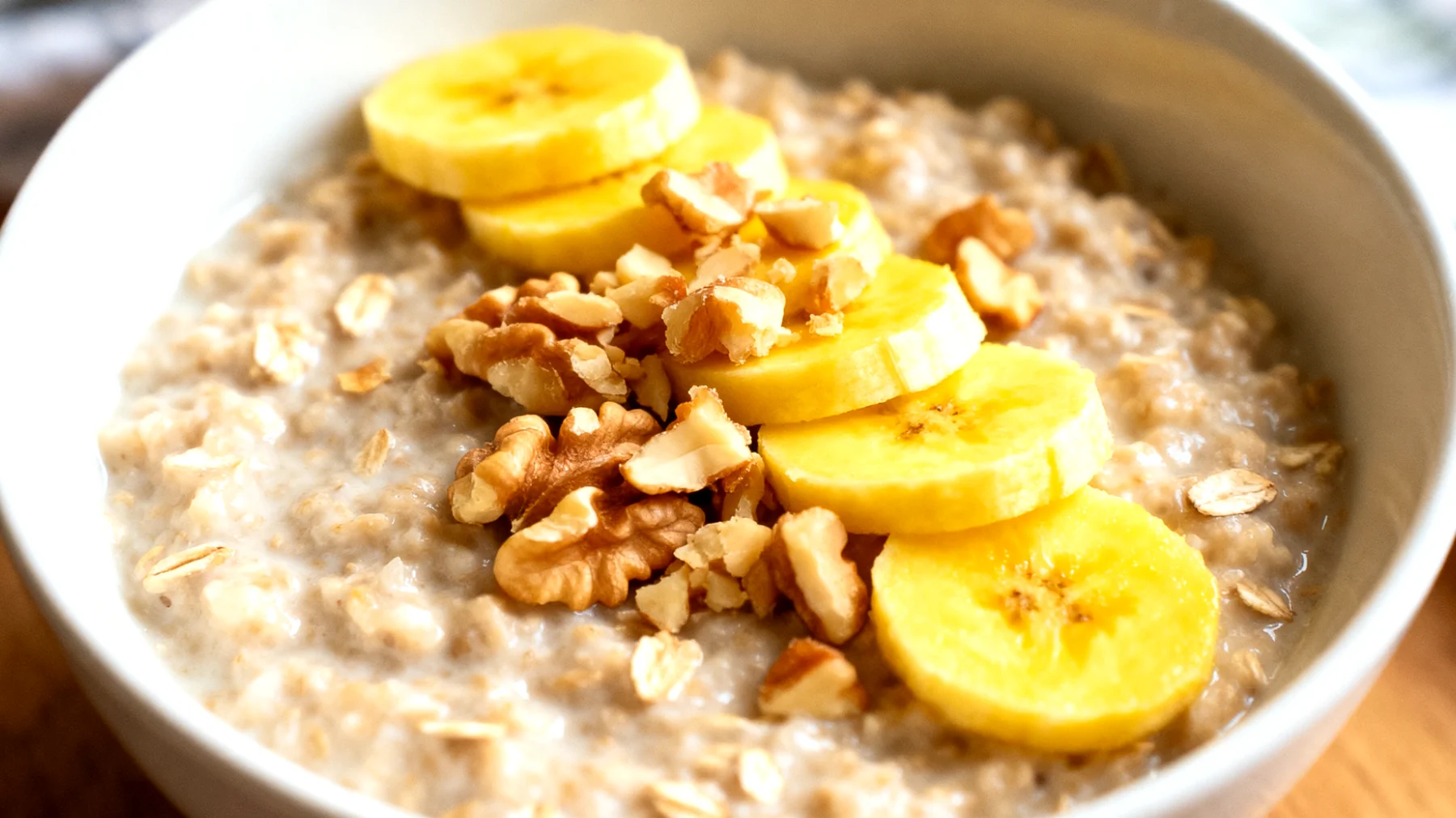 Hafer-Porridge mit Ashwagandha, Walnüssen und Bananenscheiben"