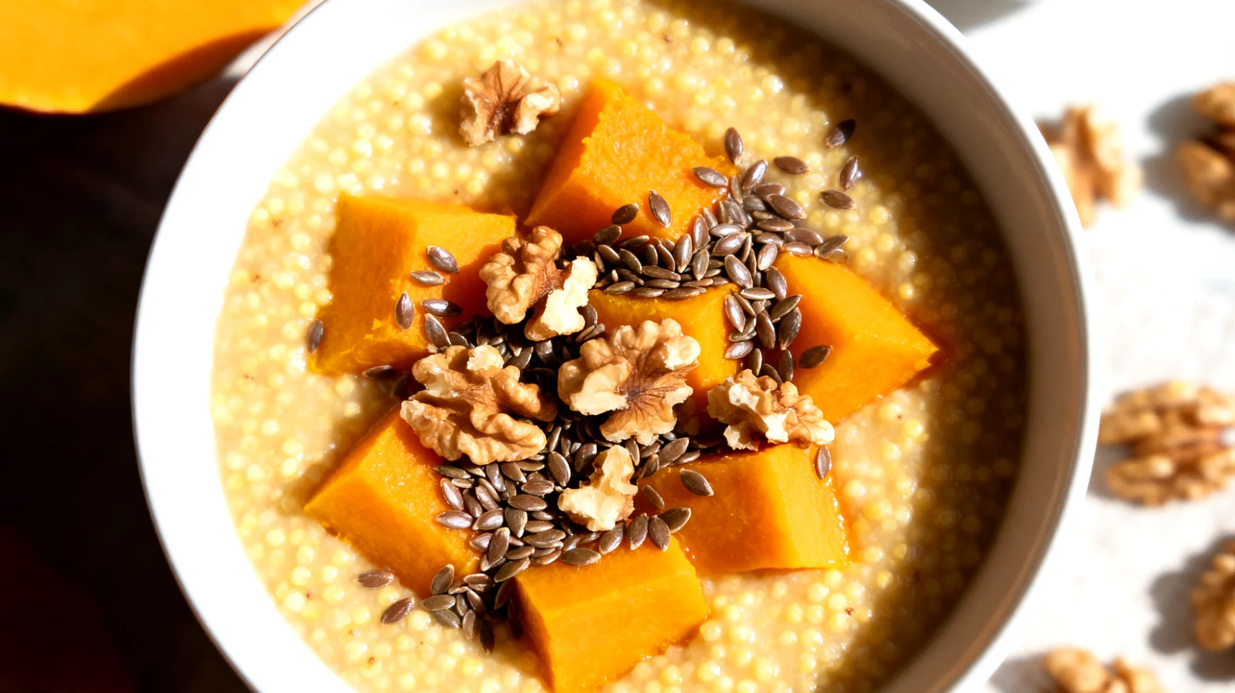 Hirse-Kürbis-Brei mit Leinsamen und Walnüssen"