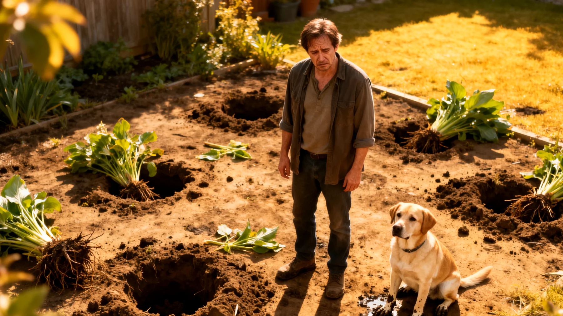 Hunde buddeln häufig im Garten Löcher, beschädigen Beete und graben Pflanzen aus, was zu Frustration bei Besitzern und einem zerstörten Garten führt"