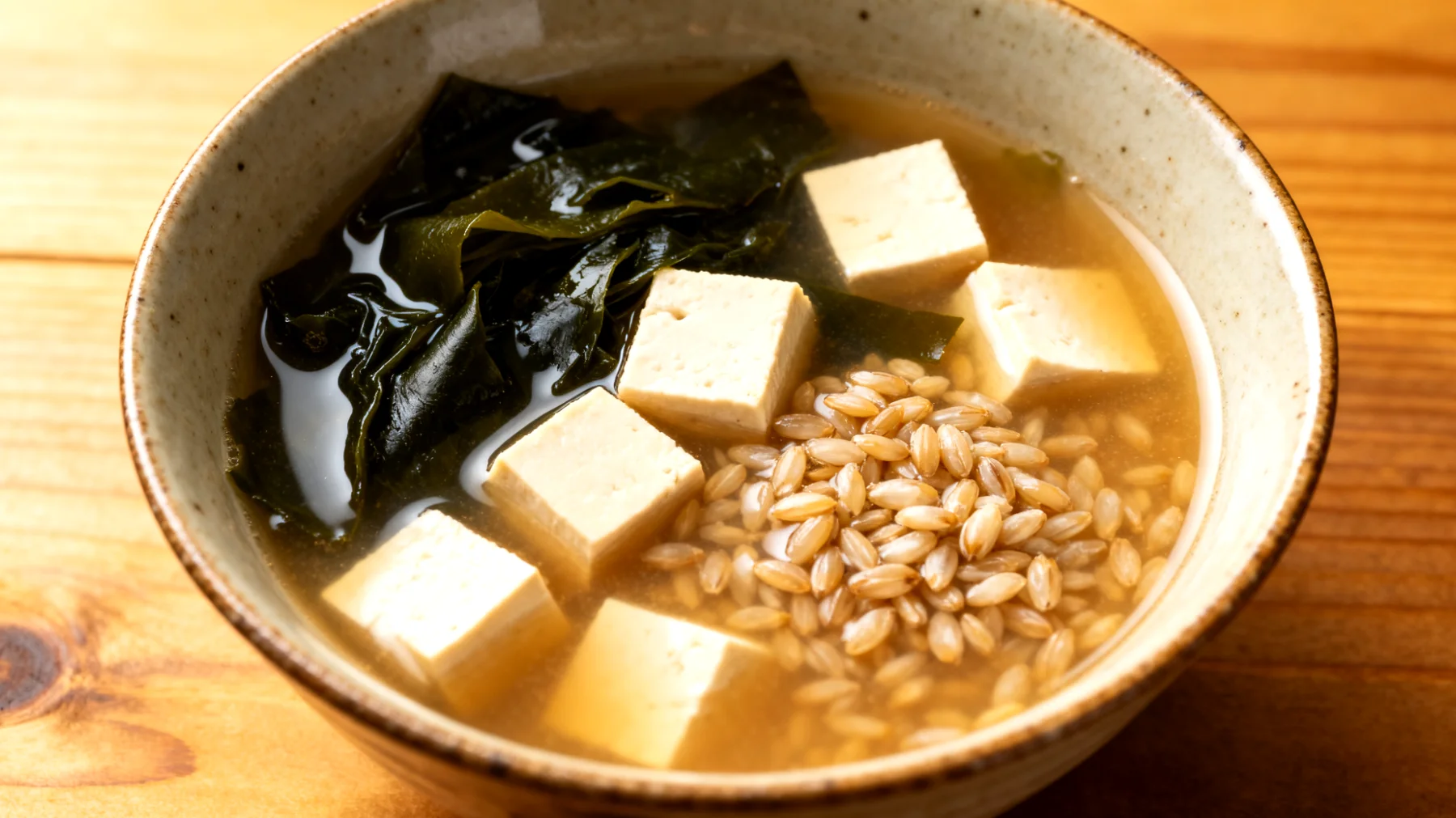 Miso-Suppe mit Wakame-Algen, Tofu und Gerste"